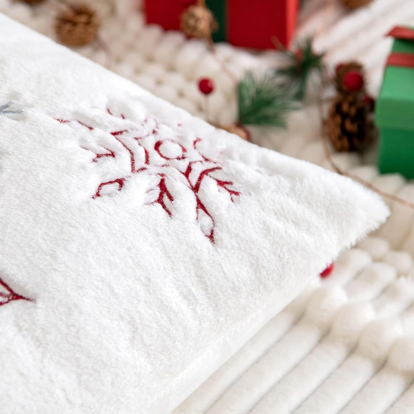Pack of 2 Christmas Decorative Throw Pillow Covers Soft Faux Fur Pillow Cases with Embroidery Snowflake Winter Cute Pillowcases Holiday Decor for Couch Sofa Bedroom, 16×16 Inch, Burgundy