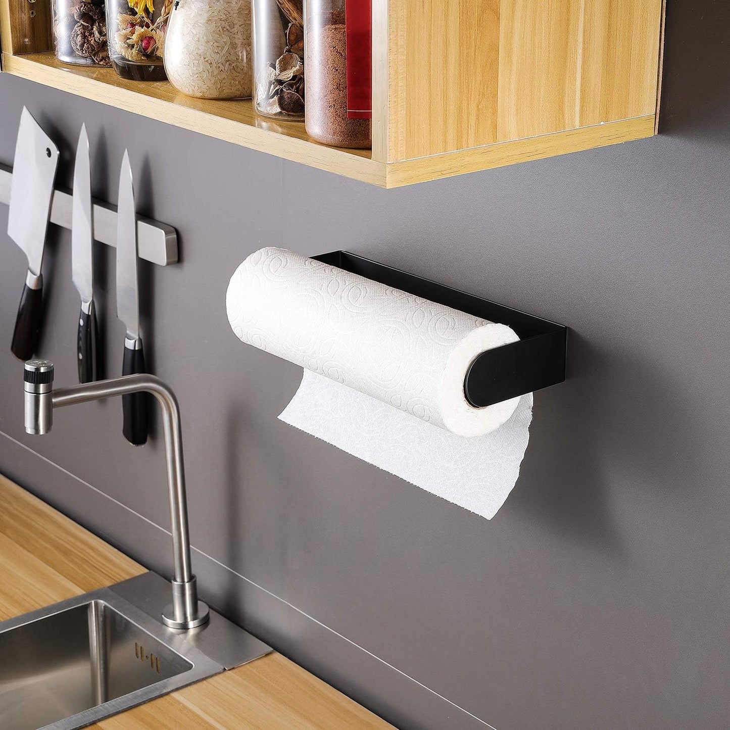 Wall-Mounted Black Paper Towel Holder - Self-Adhesive Under-Cabinet Rack in SUS-304 Stainless Steel for Kitchen Use