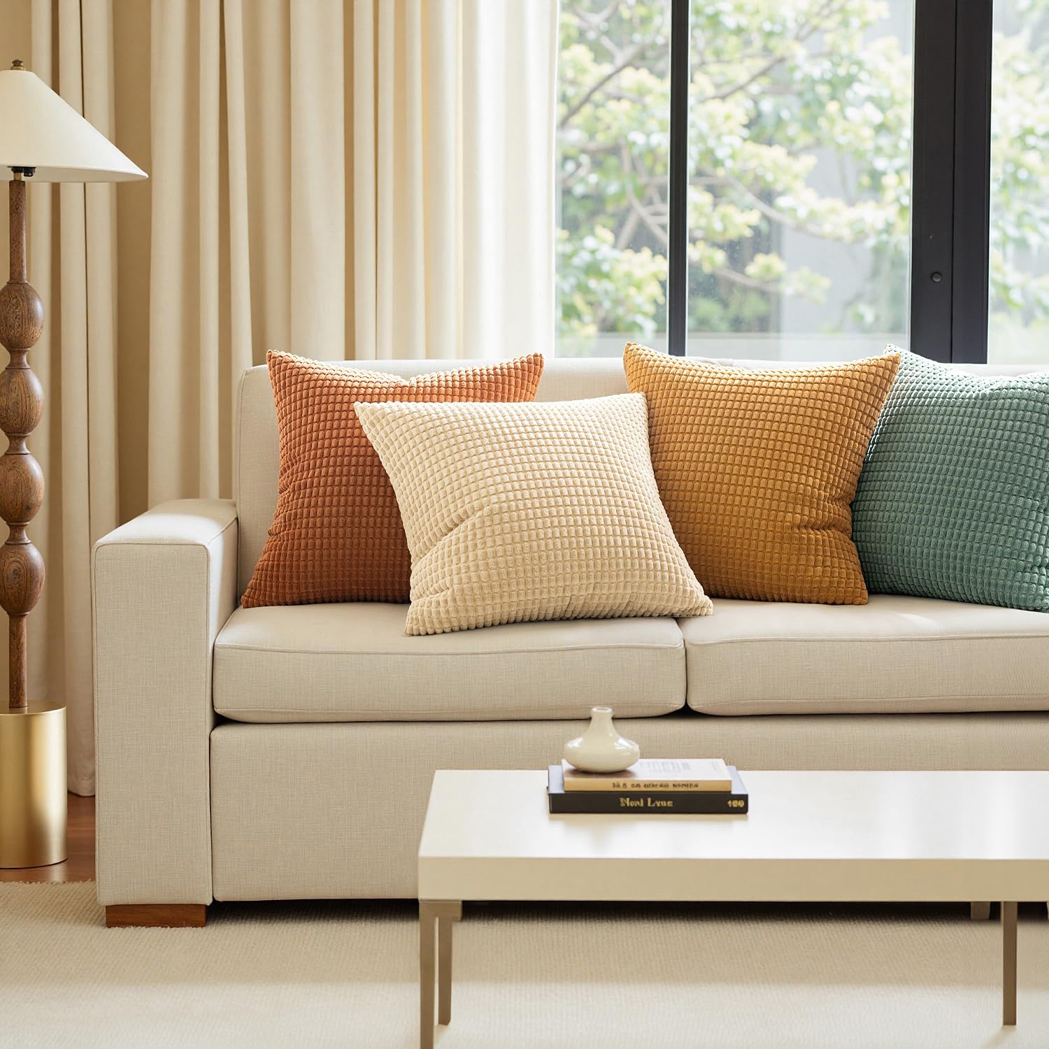 Boho Farmhouse Decorative Pillow Covers 18X18 Inch Set of 4 Rustic Modern Fall Home Decor Couch Home Decor Couch Throw Pillows Summer Corduroy Pillowcases for Sofa Living Room Bed Orange/Teal