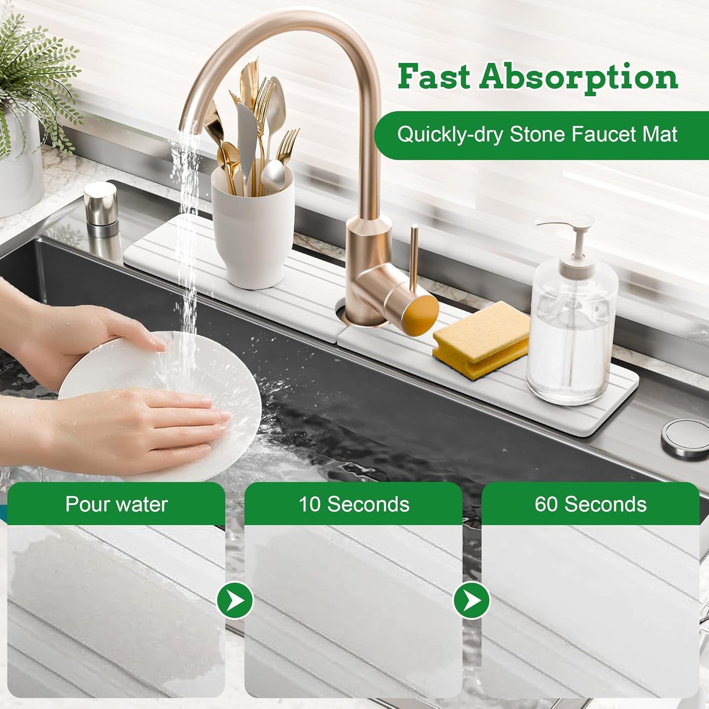 Faucet Mat Kitchen Sink 23.6" Long Diatomite Water Absorbing Stone Quick Drying Tray Sink Splash Guard for Bathroom Kitchen Counter Vanity Sink Organizer, Stone Drying Mat for Kitchen Counte