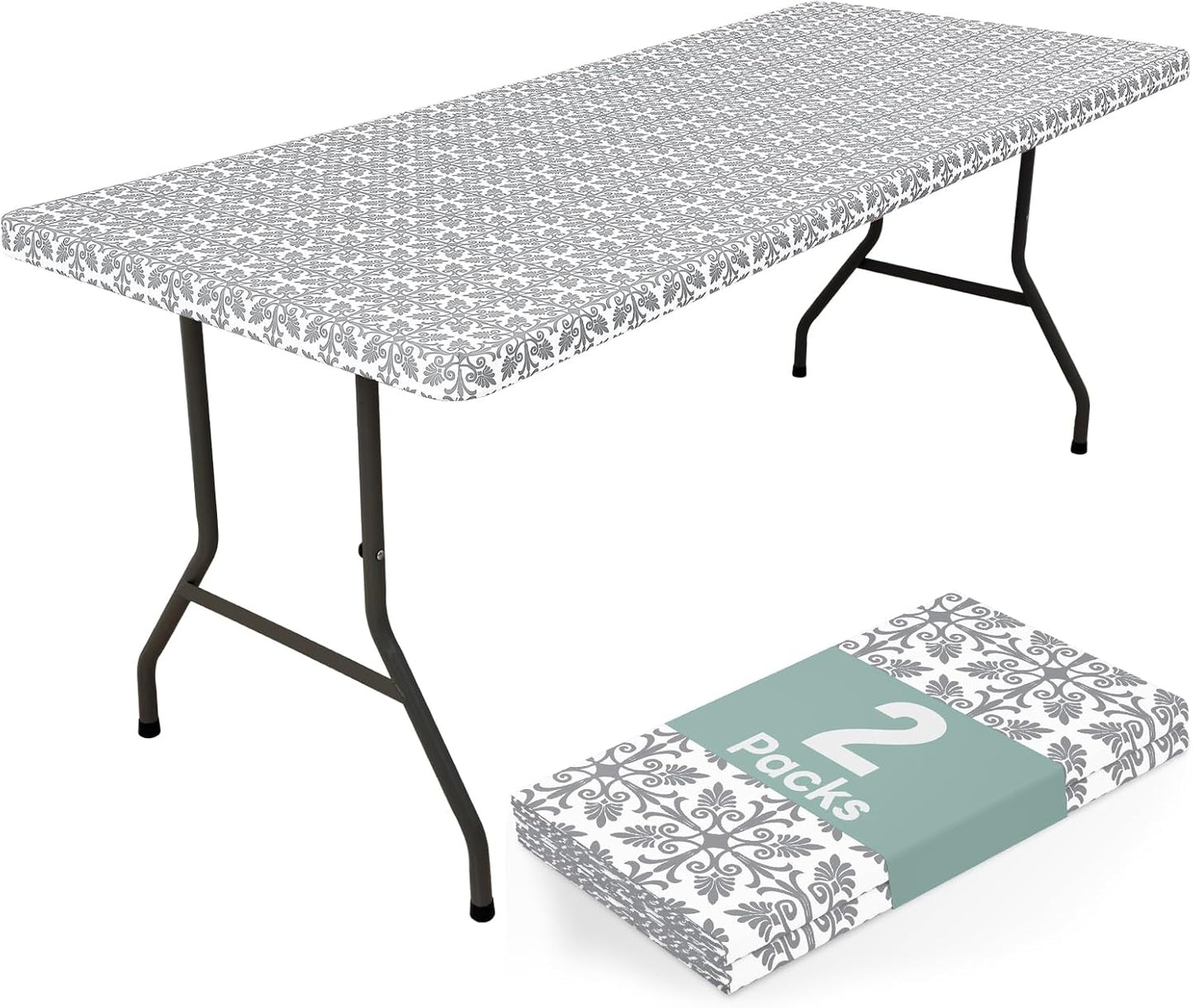 2 Pack 6 Foot Rectangle Picnic Tablecloth, Elastic Fitted Waterproof Table Cover, Windproof Washable Polyester Table Cloth for Camping, Indoor and Outdoor (Grey, 30" X 72")