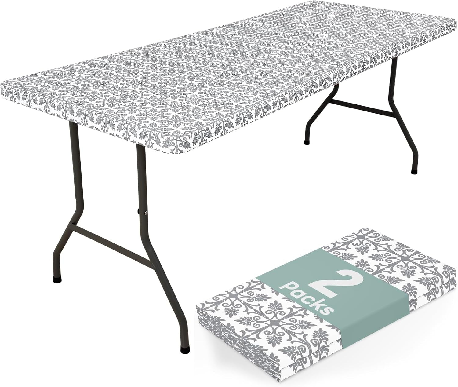 2 Pack 6 Foot Rectangle Picnic Tablecloth, Elastic Fitted Waterproof Table Cover, Windproof Washable Polyester Table Cloth for Camping, Indoor and Outdoor (Grey, 30" X 72")