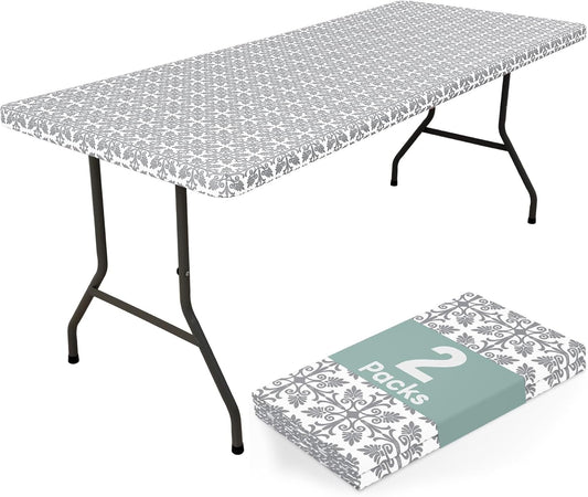 2 Pack 6 Foot Rectangle Picnic Tablecloth, Elastic Fitted Waterproof Table Cover, Windproof Washable Polyester Table Cloth for Camping, Indoor and Outdoor (Grey, 30" X 72")