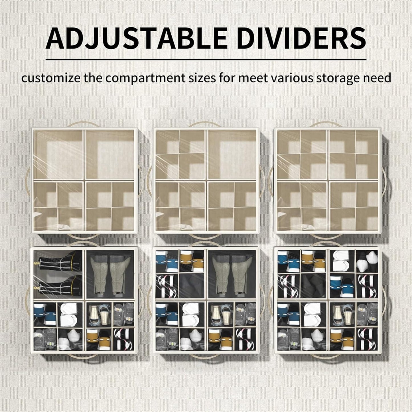 Shoe Organizer for Closet, 2 Pack Foldable Shoe Storage Organizer Box Bin with Adjustable Dividers and Clear Cover, Fits up to 16-32 Pairs (Beige)