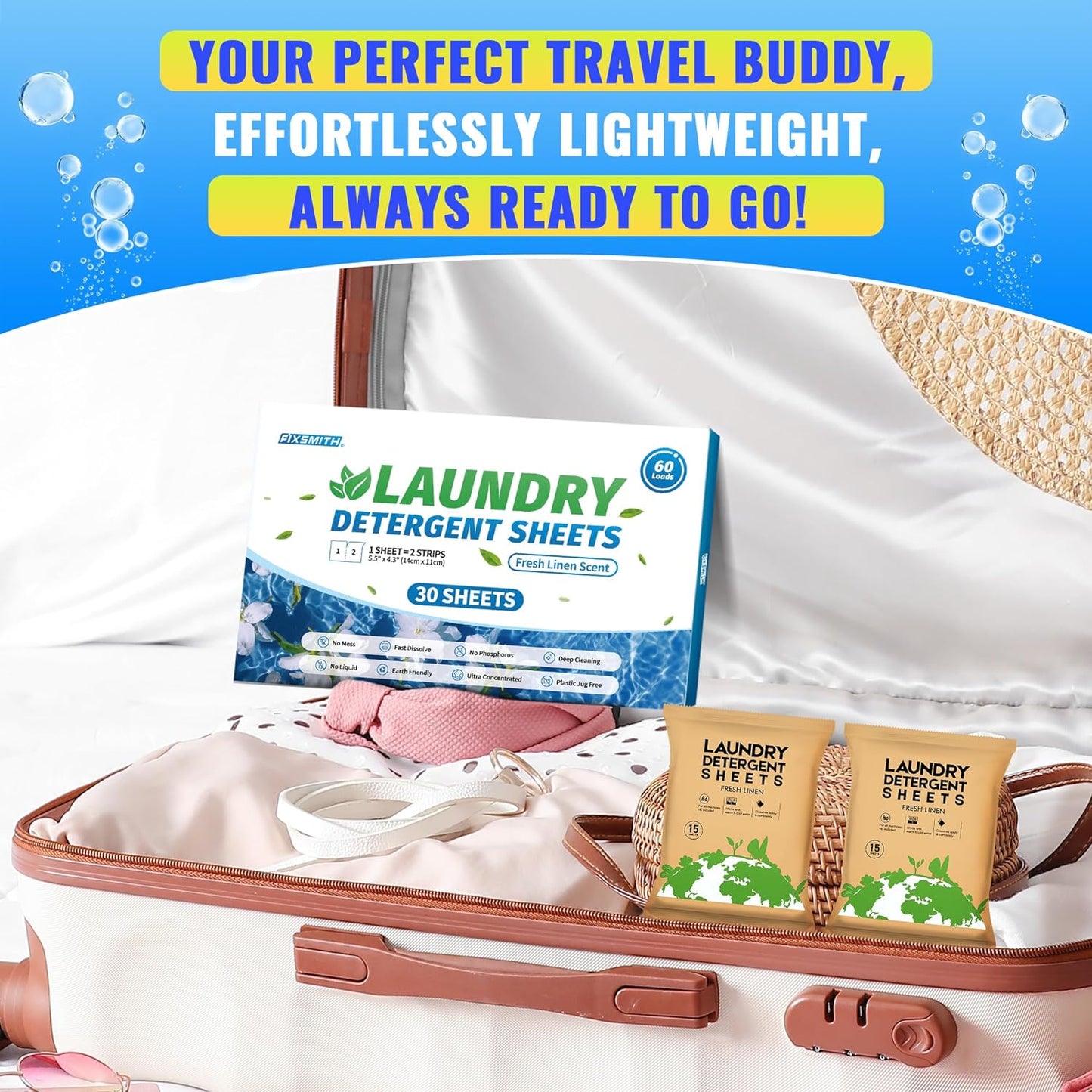 Laundry Detergent Sheets - 60 Loads (30 Sheets) Fresh Linen Scent - Hypoallergenic,Eco Friendly Laundry Soap Sheets Ultra-Concentrated Travel Detergent Sheets.Plastic-Free,Liquidless.