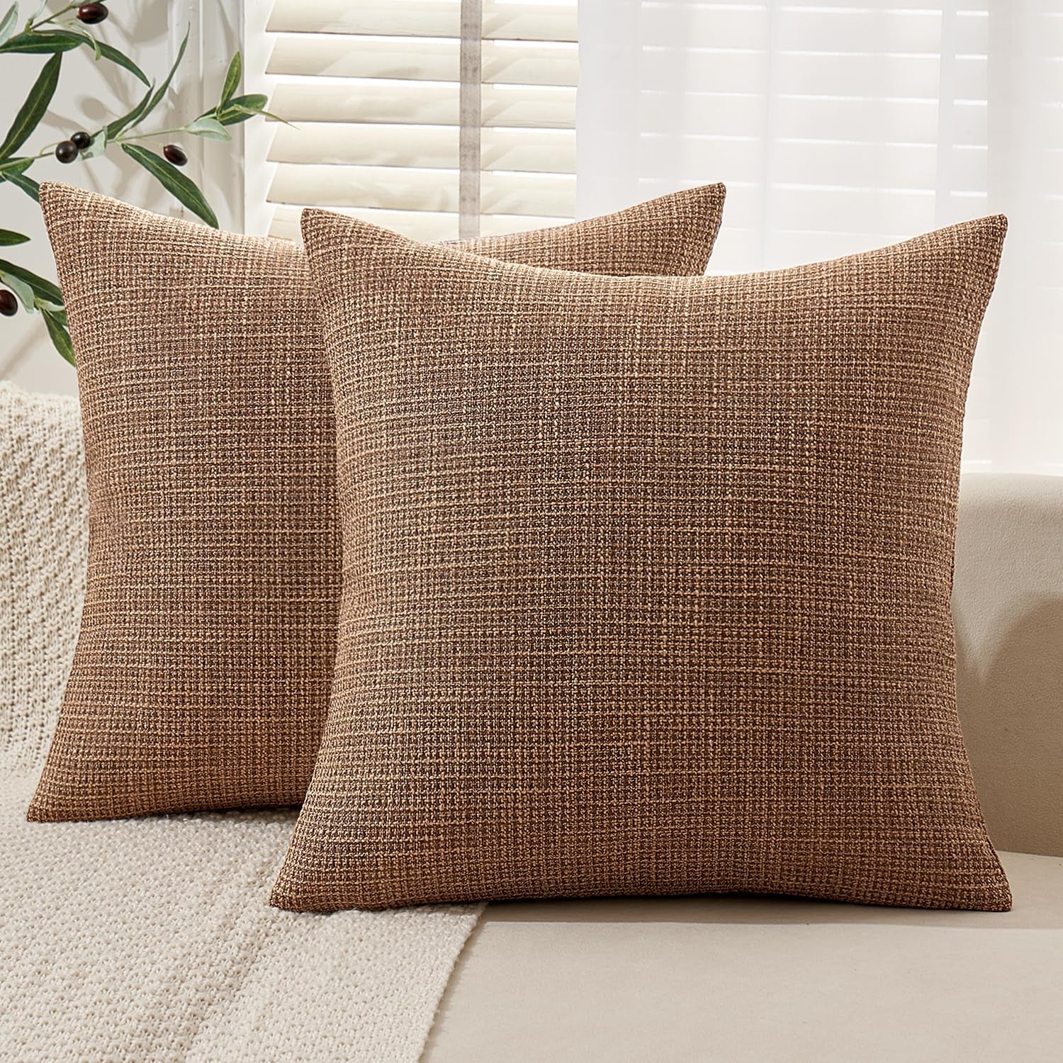 Burlap Linen Throw Pillow Covers 18X18 Inch Set of 2 Brown Decorative Pillows Modern Farmhouse Pillowcases Soft Accent Cushion Covers for Outdoor Couch Sofa Bedroom Livingroom Home Decor