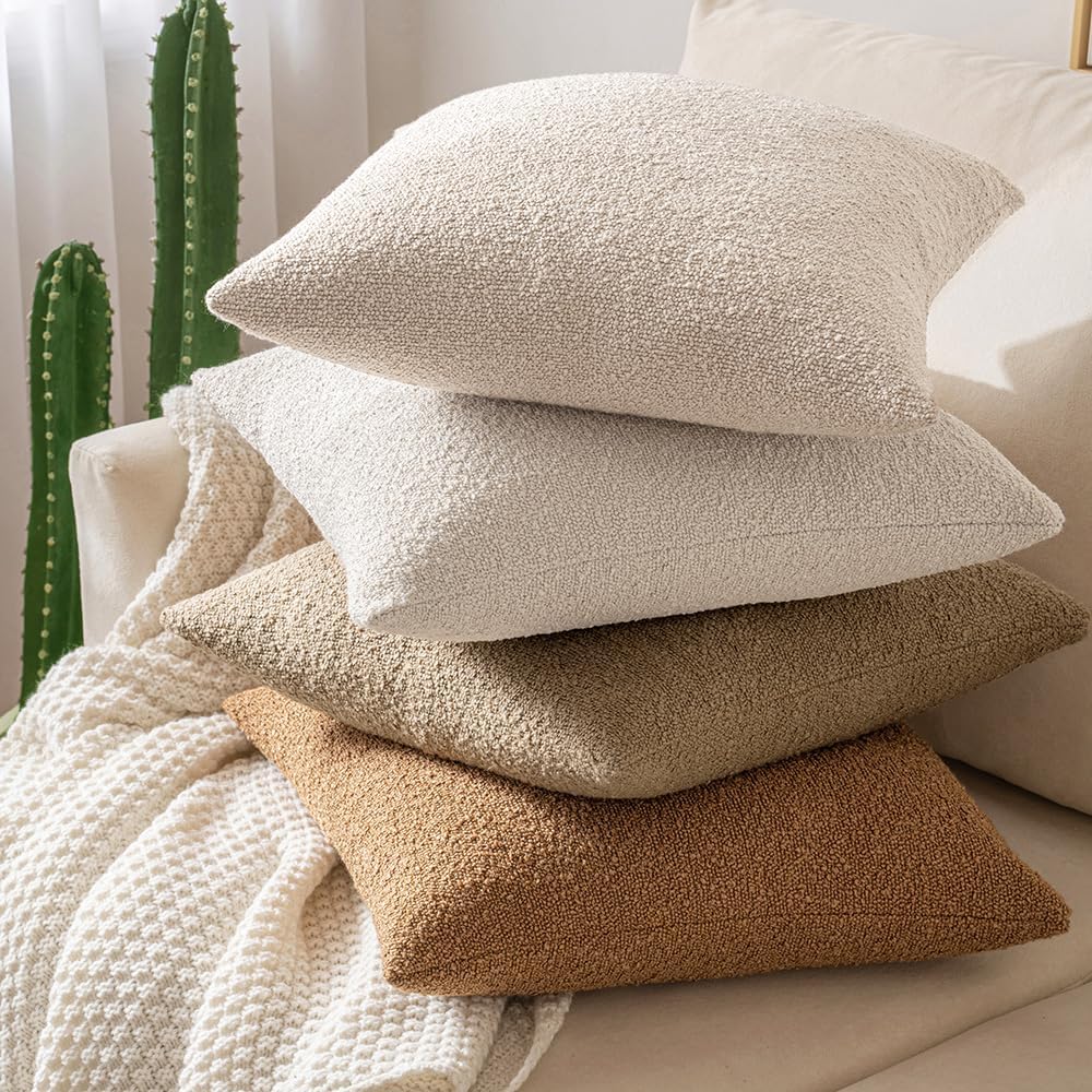 18X18 Inch Decorative Pillow Covers for Couch Bed Set of 2 Textured Boucle Neutral Throw Pillows Oatmeal Accent Solid Cushion Pillowcase Cozy Soft Sofa Livingroom Home Decor
