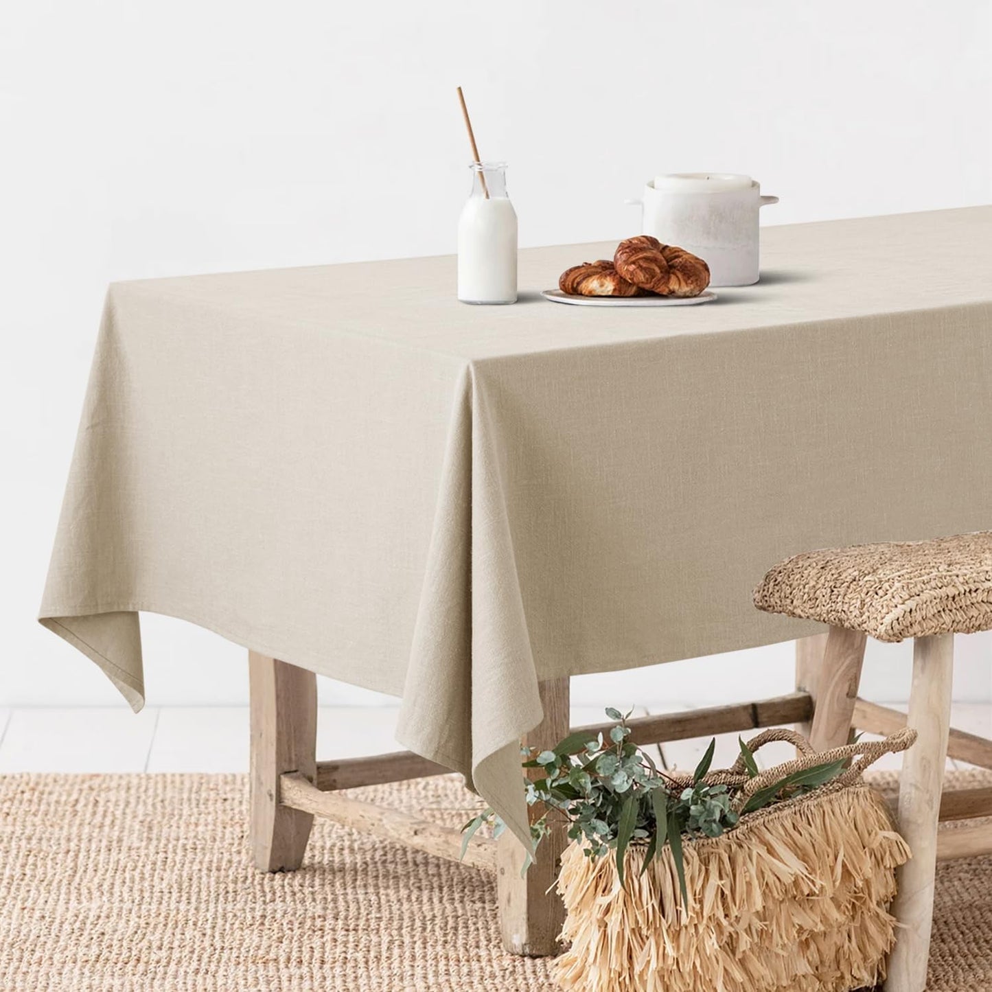 Natural Linen Cotton Blend Tablecloth Rectangle, Luxury Waterproof Stain Resistant Durable Farmhouse Oblong Table Cloth for Dining Party Christmas Weddings Birthday, 52 X 84 Inch, Ivory Cream