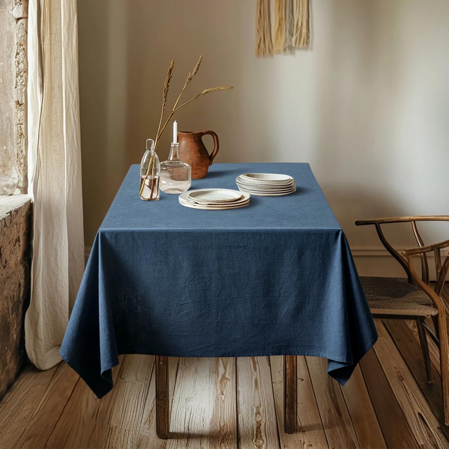 Linen Cotton Blend Tablecloth Rectangle, Luxury Waterproof Stain Resistant Durable Farmhouse Oblong Table Cloth for Dining Party Christmas Weddings Birthday, 52 X 84 Inch, Navy Blue