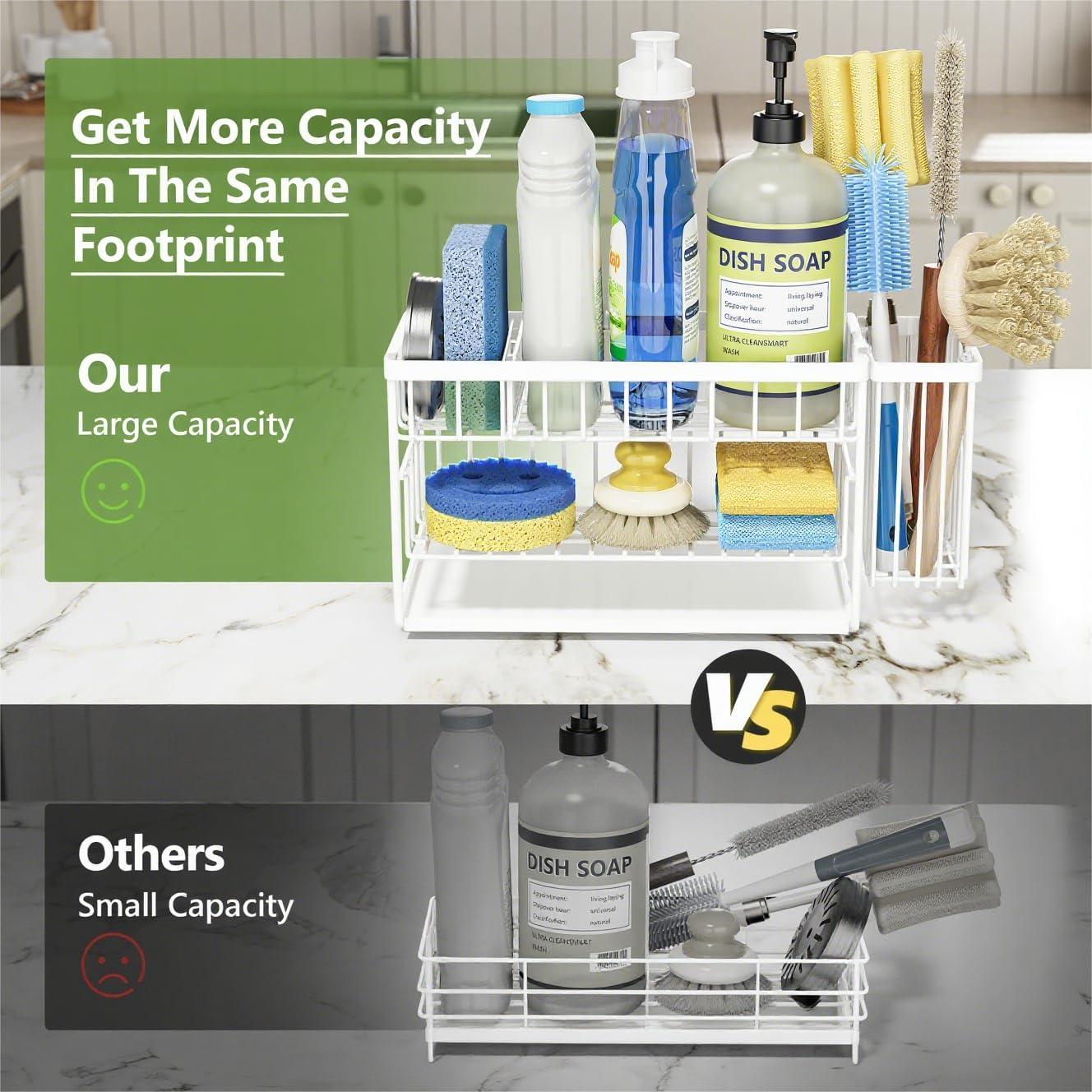White 2-Tier Kitchen Sink Caddy Organzier Rack with Flexible Dish Brush Holder, Sponge Holder for Kitchen Sink Countertop Organization Storage,Home Decor Accessories