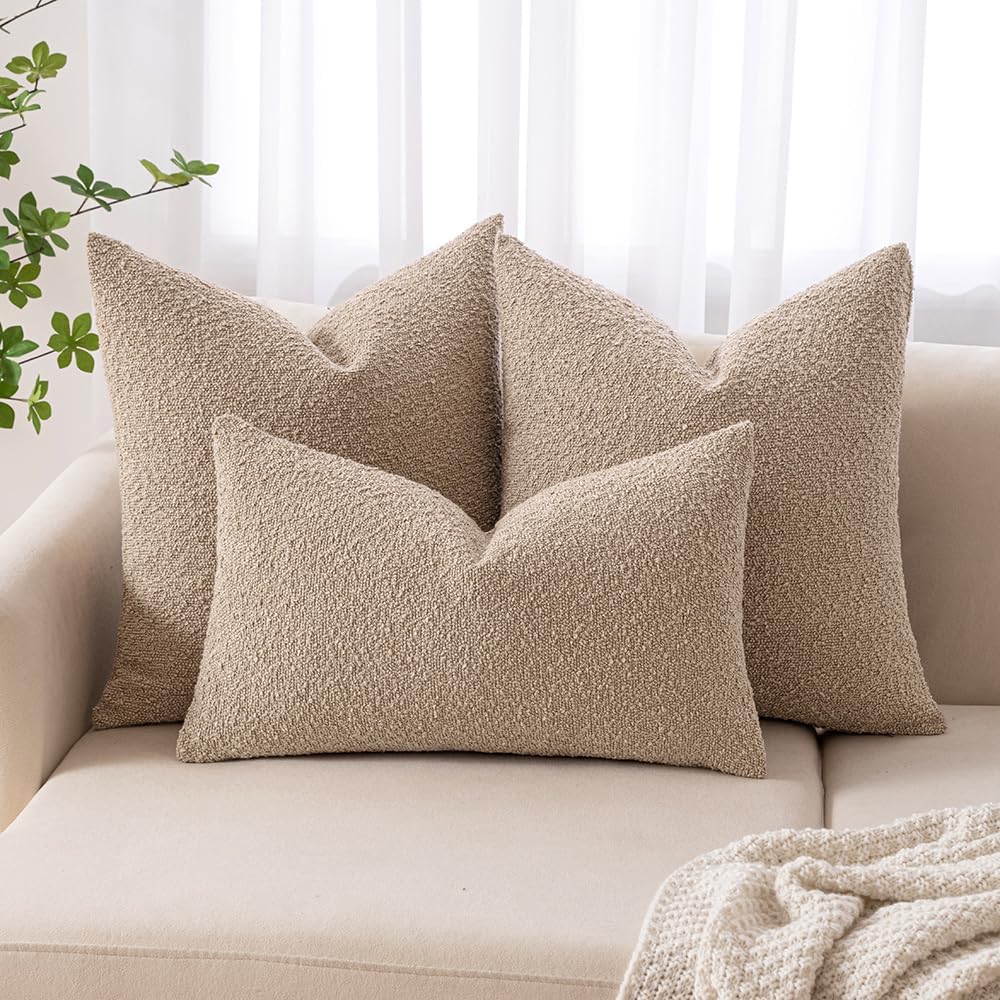 18X18 Inch Decorative Pillow Covers for Couch Bed Set of 2 Textured Boucle Neutral Throw Pillows Khaki Accent Solid Cushion Pillowcase Cozy Soft Sofa Livingroom Home Decor
