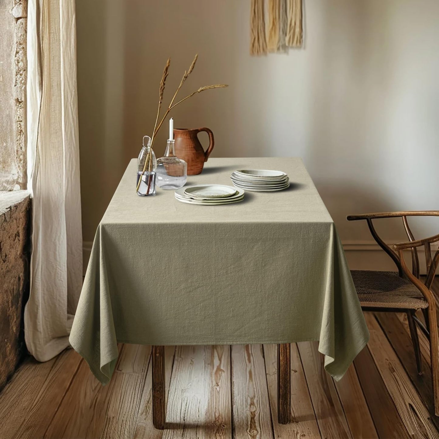 Linen Cotton Blend Tablecloth Rectangle, Luxury Waterproof Stain Resistant Durable Farmhouse Oblong Table Cloth for Dining Party Weddings Birthday Events Boho Decor, 52 X 84 Inch, Olive Green