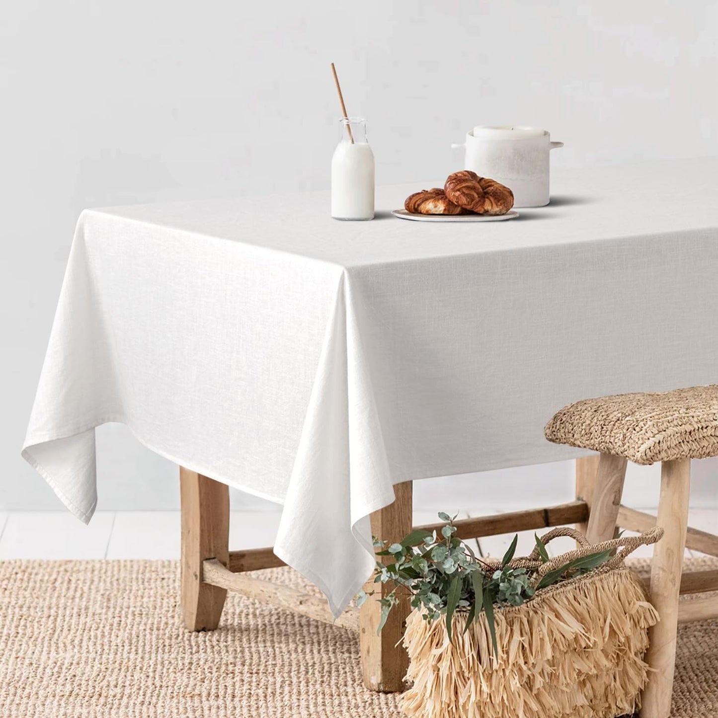White Linen Cotton Blend Tablecloth Rectangle, Luxury Waterproof Stain Resistant Durable Farmhouse Oblong Table Cloth for Dining Party Christmas Weddings Birthday Picnic Events, 52 X 84 Inch