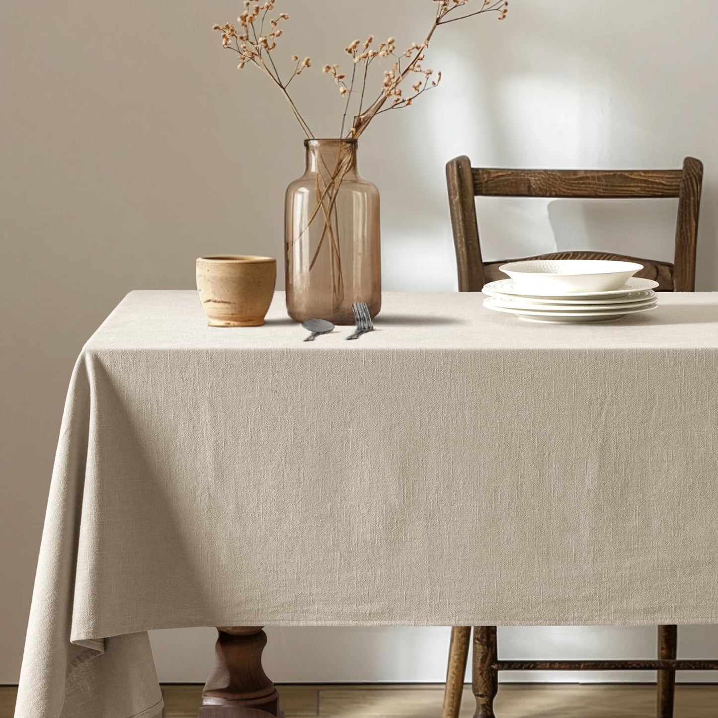 Natural Linen Cotton Blend Tablecloth Rectangle, Luxury Waterproof Stain Resistant Durable Farmhouse Oblong Table Cloth for Dining Party Christmas Weddings Birthday, 52 X 84 Inch, Ivory Cream