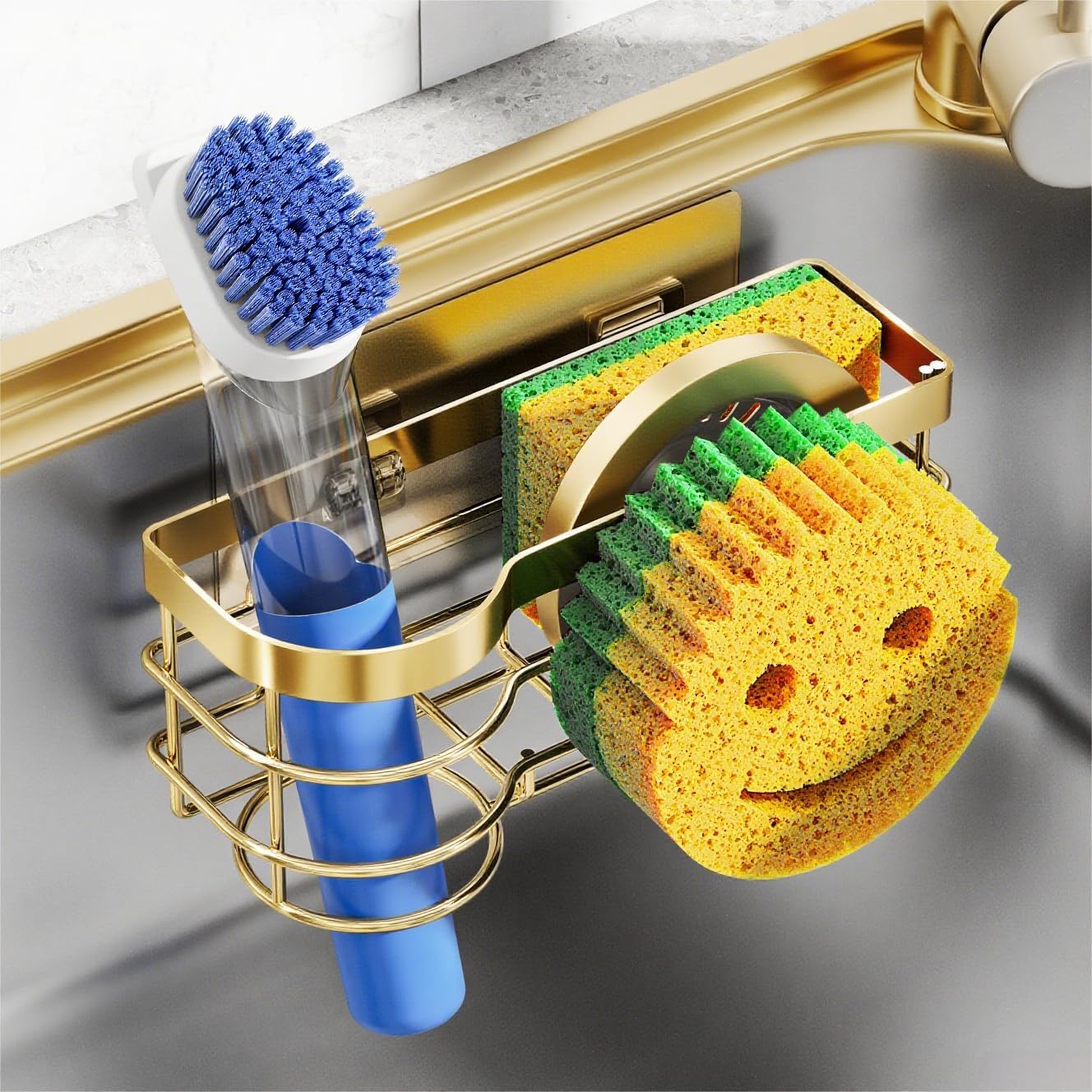 Gold Smiley Sponge Holder for Kitchen Sink Caddy, Stainless Steel Movable Brush Holder Dish Cloth Hanger, Suction Cup Sink Organizer Scrubbe