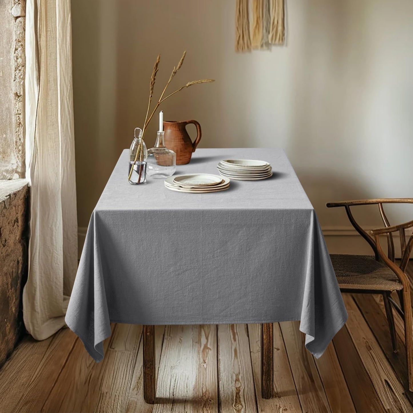 Linen Cotton Blend Tablecloth Rectangle, Luxury Waterproof Stain Resistant Durable Farmhouse Oblong Table Cloth for Dining Party Christmas Weddings Birthday, 52 X 84 Inch, Light Grey