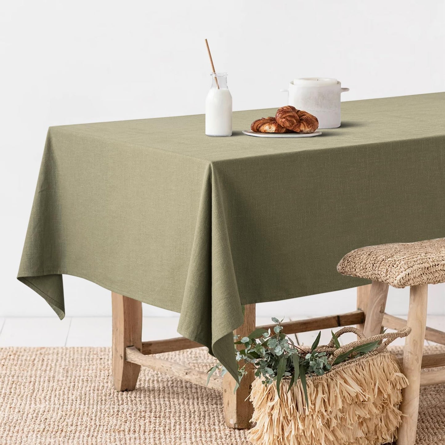 Linen Cotton Blend Tablecloth Rectangle, Luxury Waterproof Stain Resistant Durable Farmhouse Oblong Table Cloth for Dining Party Weddings Birthday Events Boho Decor, 52 X 84 Inch, Olive Green