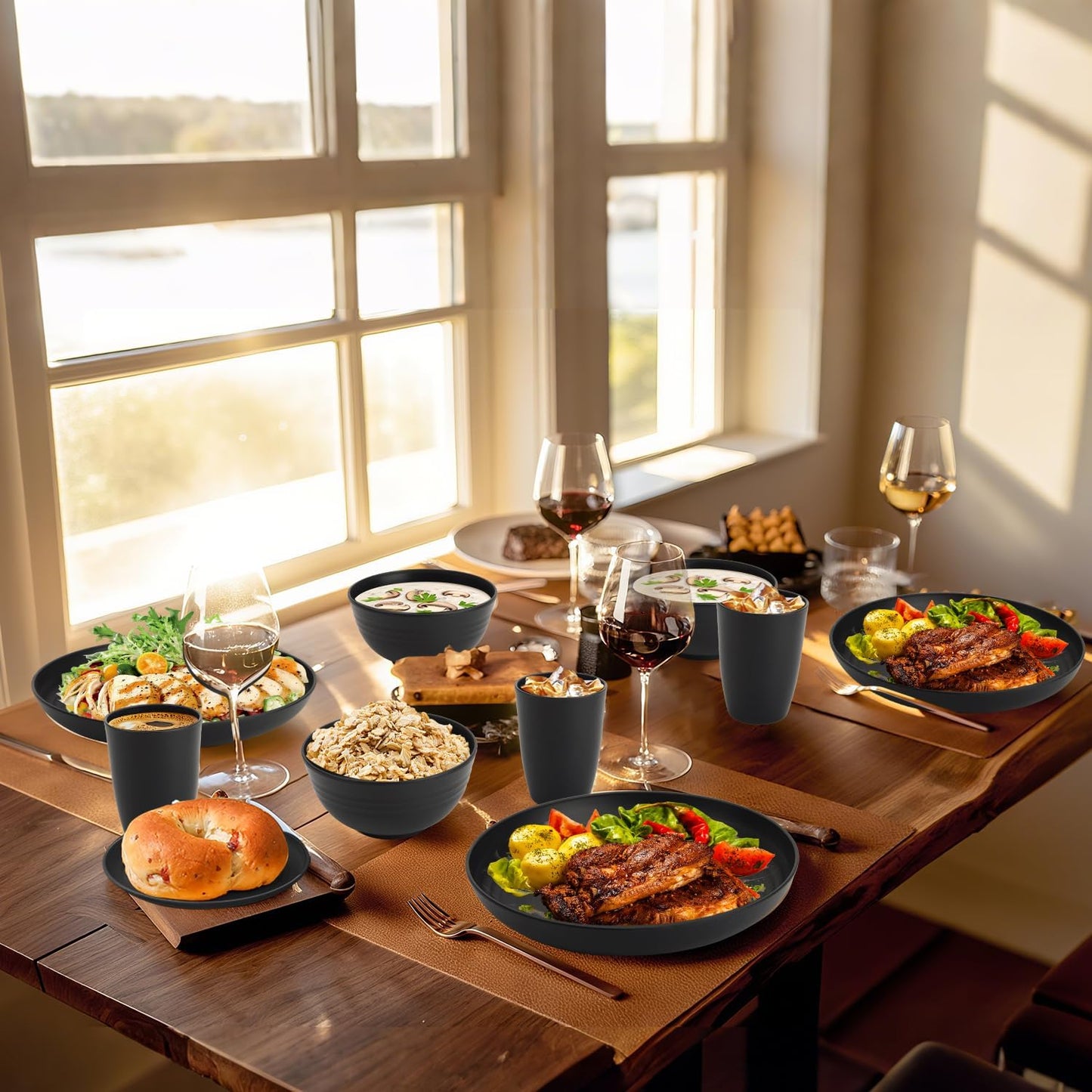 Wheat Straw 32-Piece Dinnerware Set for 8 - Includes Deep Plates, Cereal Bowls, and Drinking Cups, Microwave and Dishwasher Safe, Black Finish