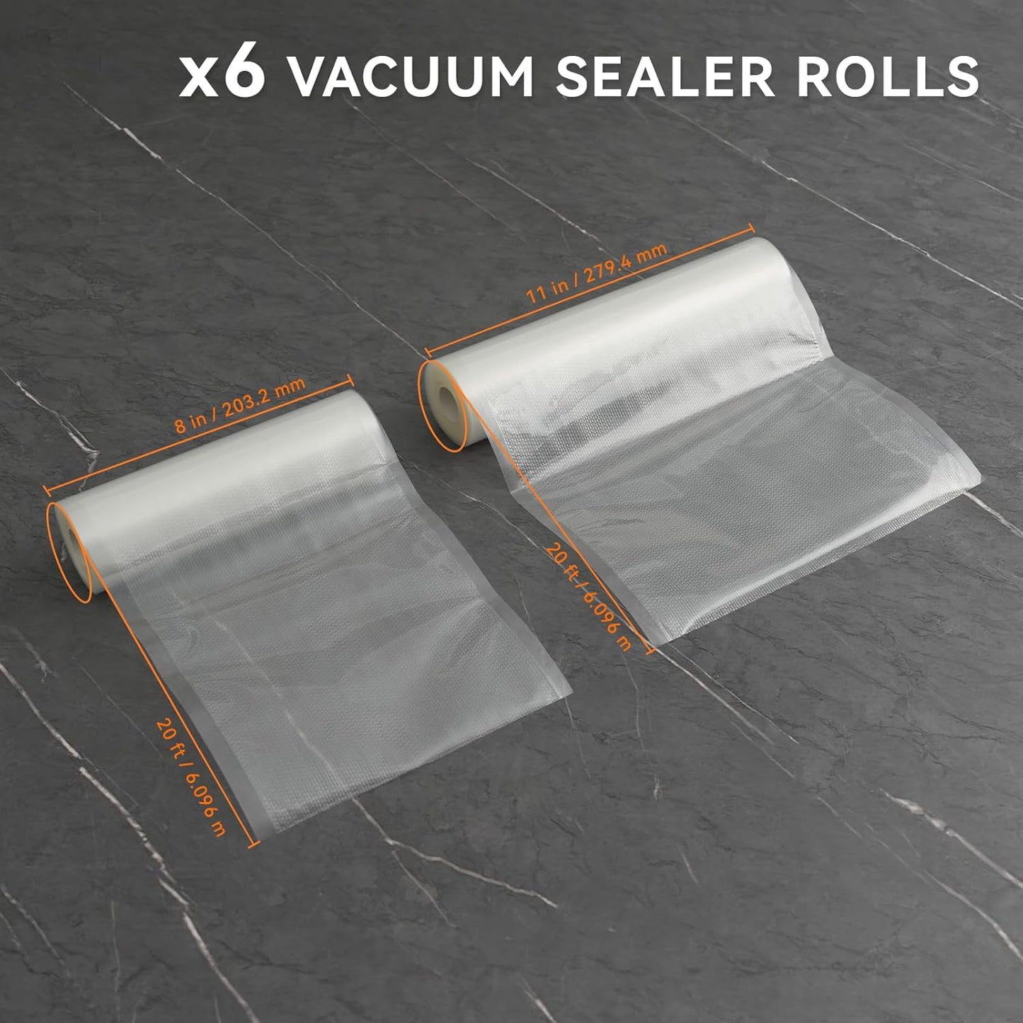 8" X 20' and 11" X 20' Vacuum Sealer Roll, 6 Pack-Ideal for Food Storage, Sous Vide, and Meal Prep, Keep Food Fresh and Nutrients, Lite