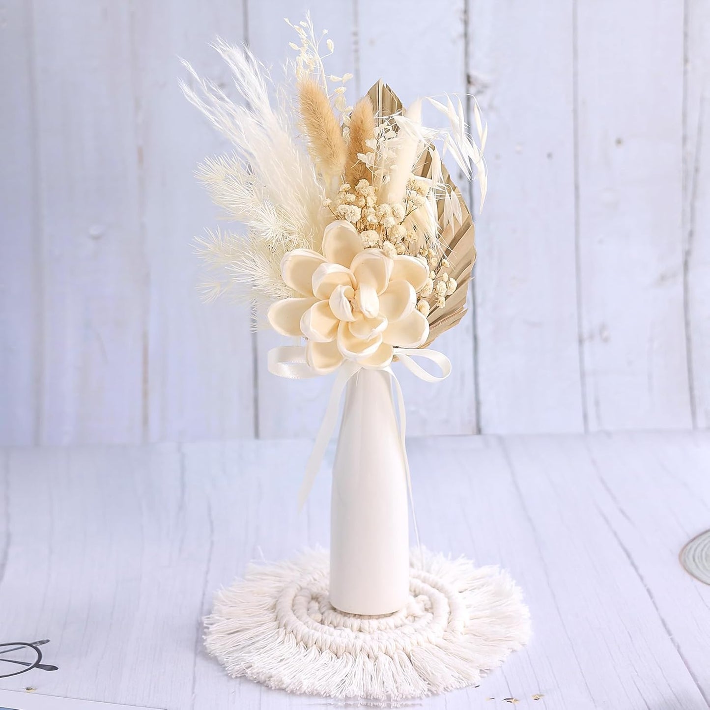 Dried Flowers Bouquet with Vase,Dried Pampas Grass Bouquet, Dried Flowers for Boho Home Decor,Farmhouse Decor, Wedding Party Table Centrepieces. (White)