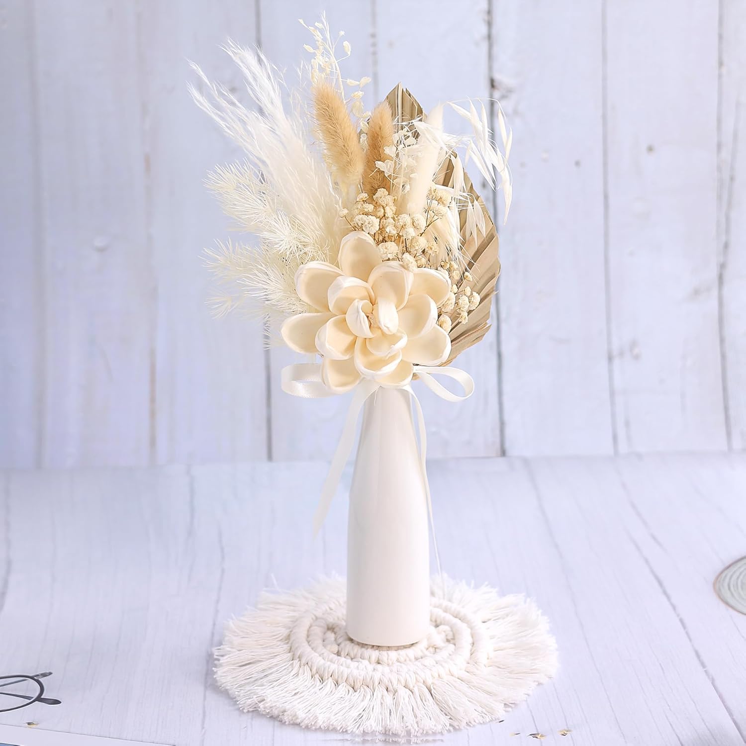 Dried Flowers Bouquet with Vase,Dried Pampas Grass Bouquet, Dried Flowers for Boho Home Decor,Farmhouse Decor, Wedding Party Table Centrepieces. (White)