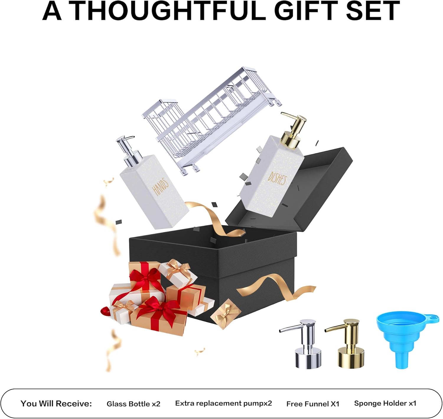 Dish Soap Dispenser, 12 Fl Oz Kitchen Soap Dispensers with Sponge Holder, Stainless Steel Pump Glass Kitchen Soap Dispenser Set, Hand and Dish Soap Bottle Set, Kitchen Decor Accessories