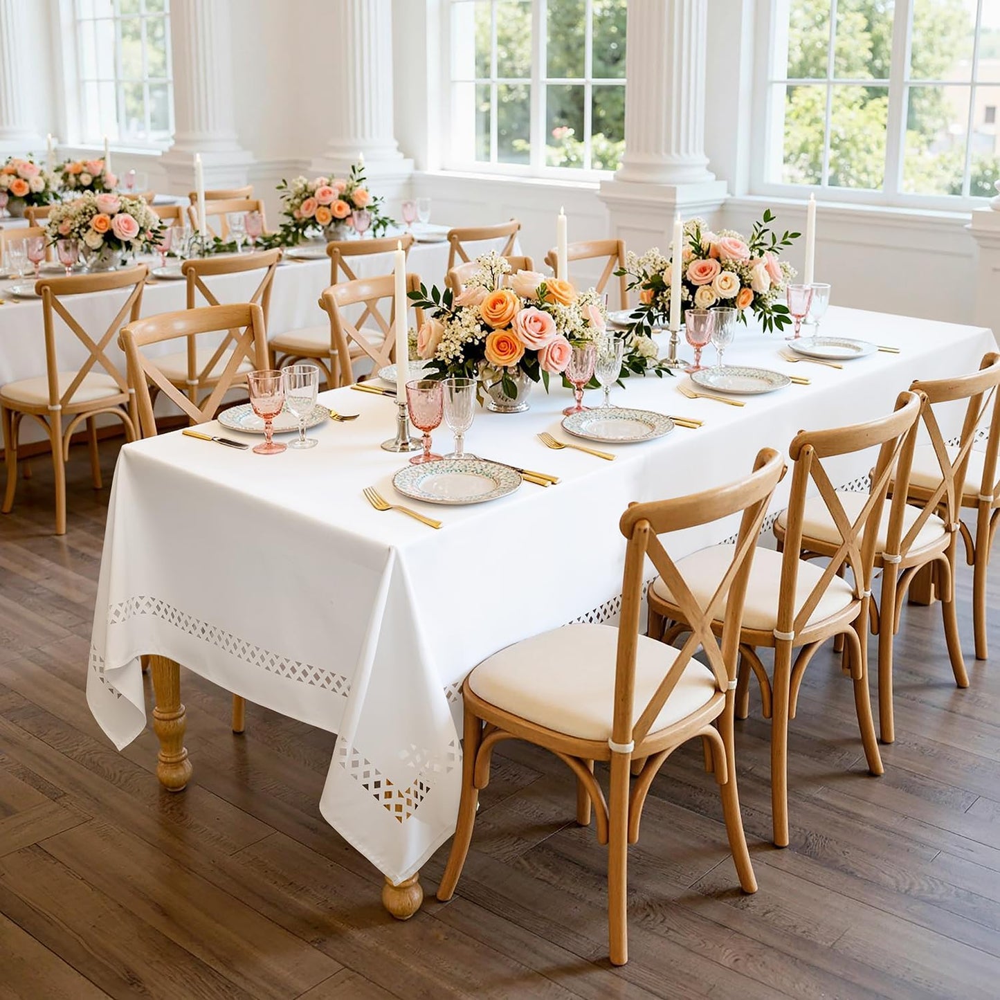 White Rectangle Linen Tablecloth with Decorative Cutouts Waterproof Stain Resistant & Shrink-Proof Table Cloth 52X70 Inch Farmhouse Style for Dining Wedding Party and Outdoor Picnics