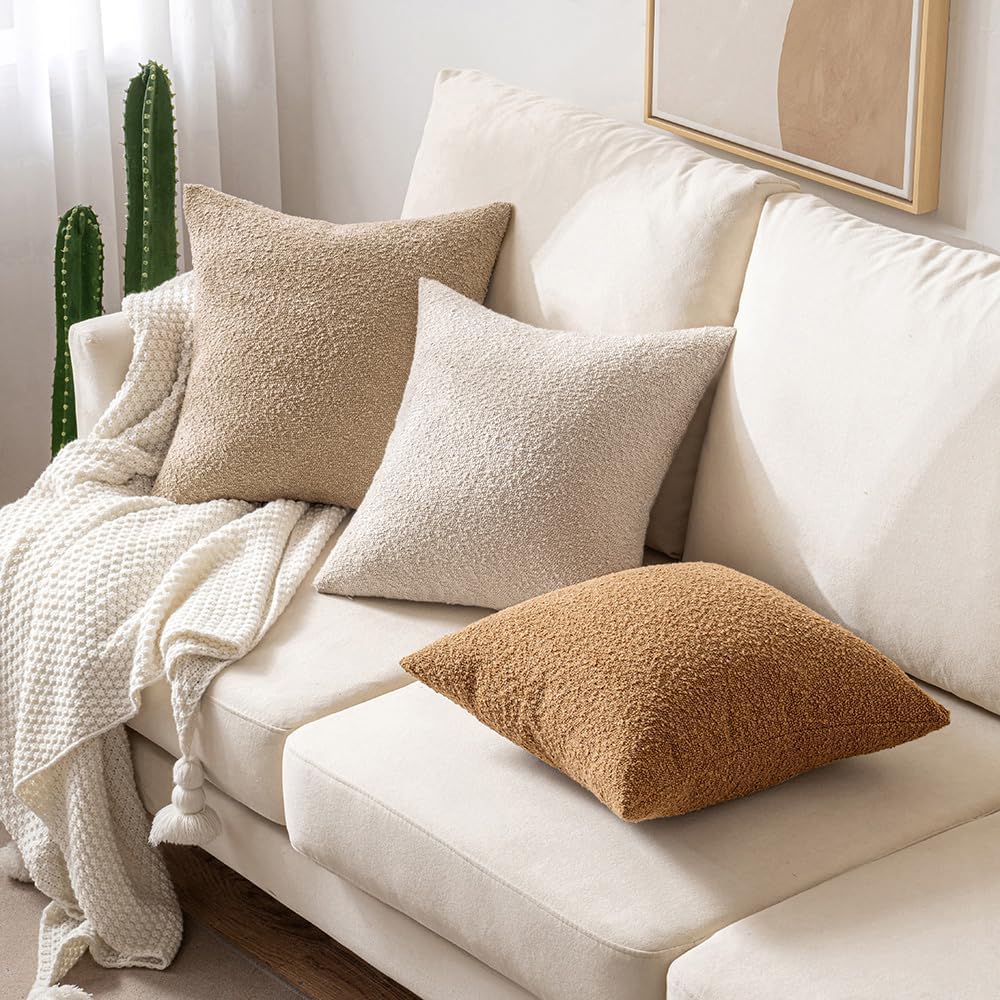 18X18 Inch Decorative Pillow Covers for Couch Bed Set of 2 Textured Boucle Neutral Throw Pillows Oatmeal Accent Solid Cushion Pillowcase Cozy Soft Sofa Livingroom Home Decor