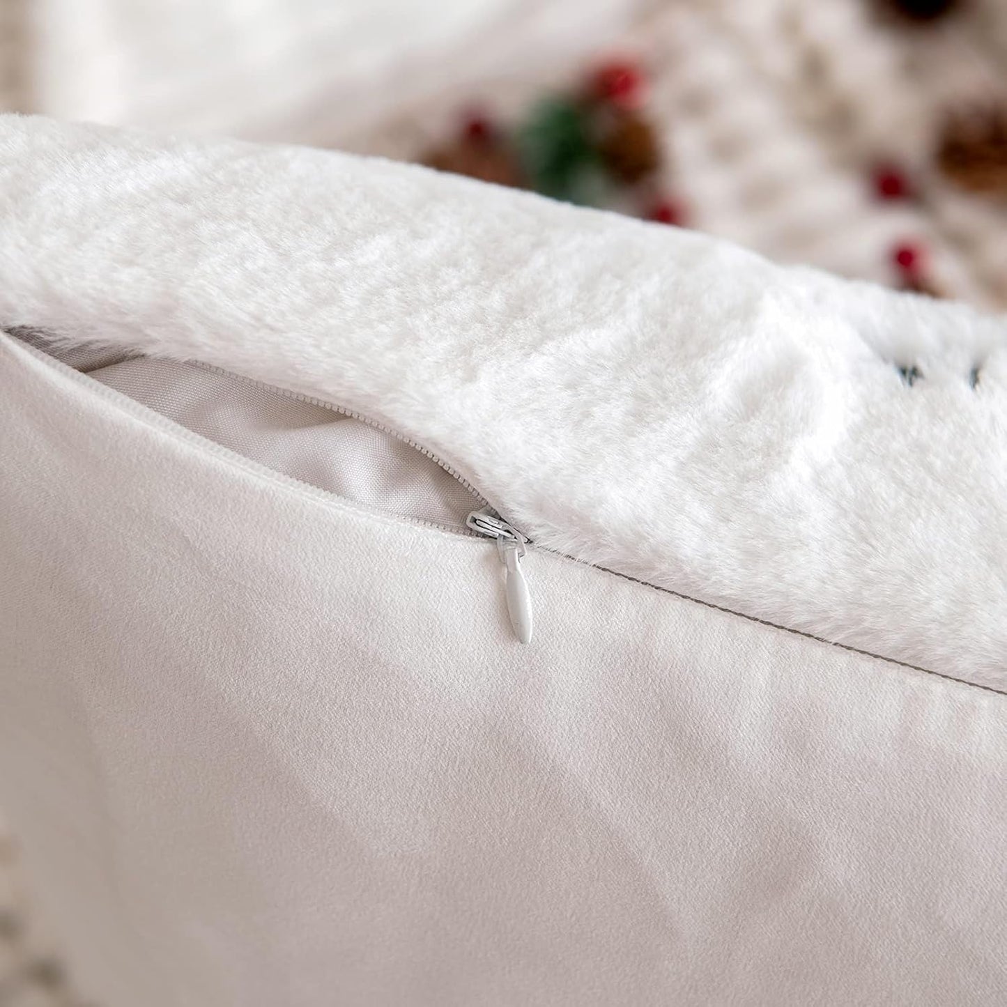 Pack of 2 Christmas Decorative Throw Pillow Covers Soft Faux Fur Pillow Cases with Embroidery Snowflake Winter Cute Pillowcases Holiday Decor for Couch Sofa Bedroom, 16×16 Inch, Green