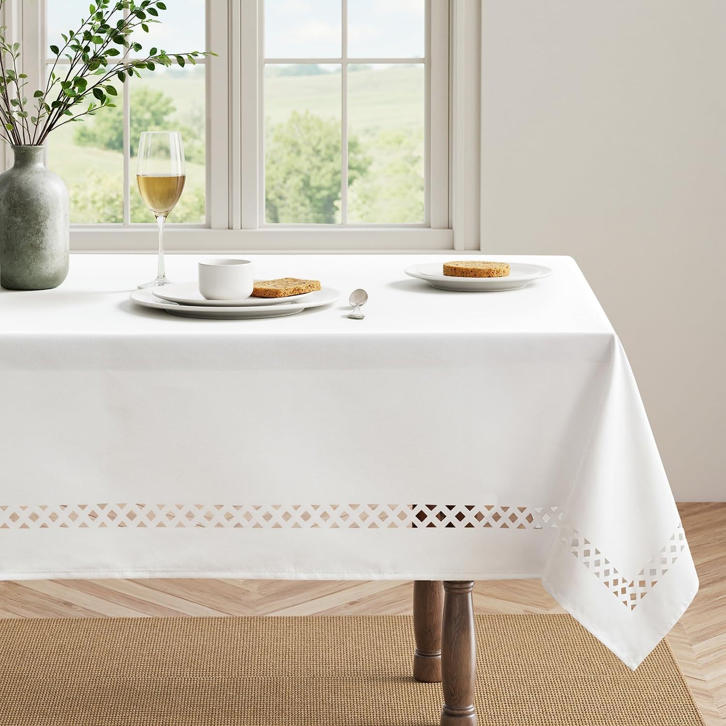 White Rectangle Linen Tablecloth with Decorative Cutouts Waterproof Stain Resistant & Shrink-Proof Table Cloth 52X70 Inch Farmhouse Style for Dining Wedding Party and Outdoor Picnics