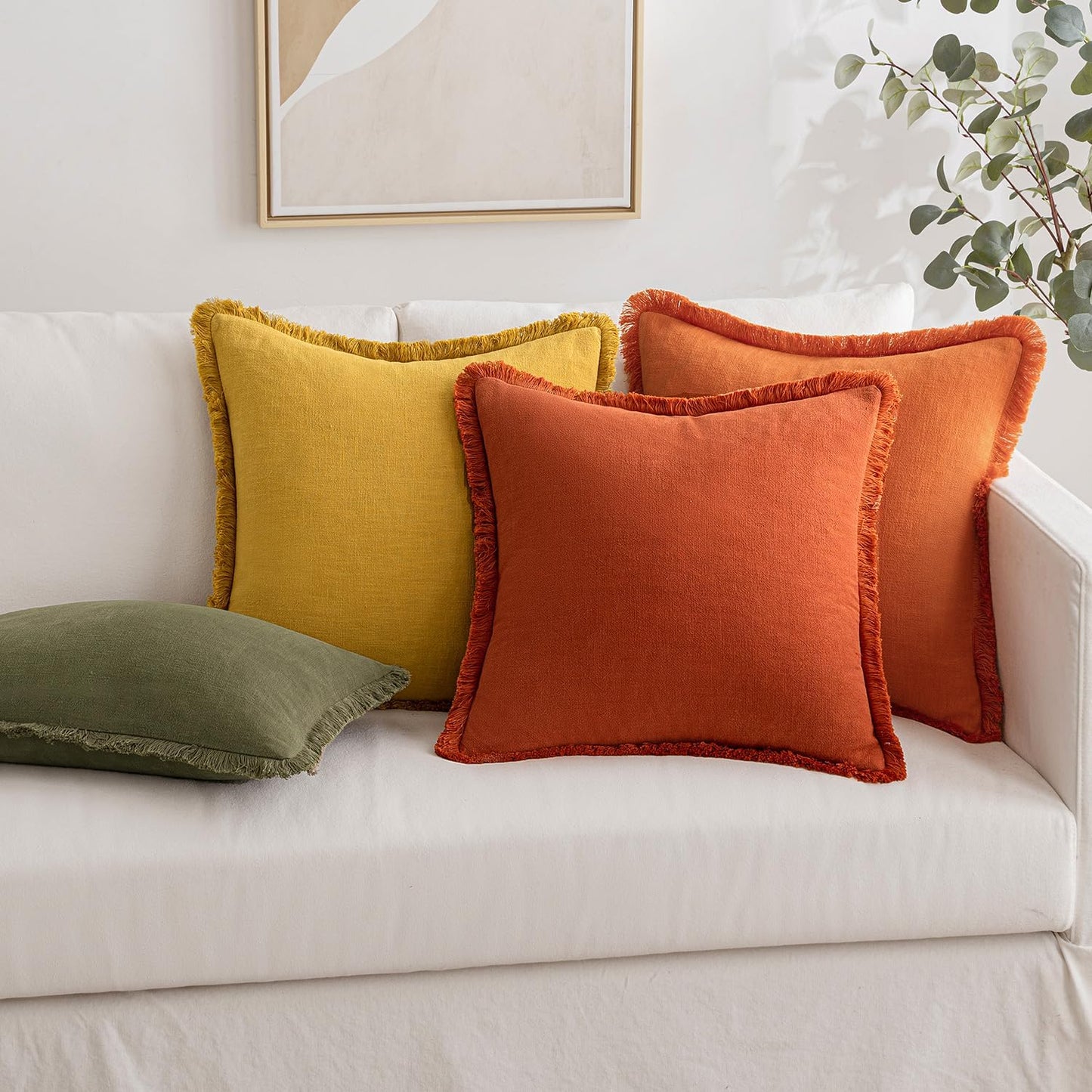 Fall Decorative Throw Pillow Covers Neutral Linen Fringe Throw Pillows Set of 2 Burnt Orange Boho Farmhouse Cushion Covers with Tassels for Couch Sofa Bed Living Room Home Decor 18X18 Inch