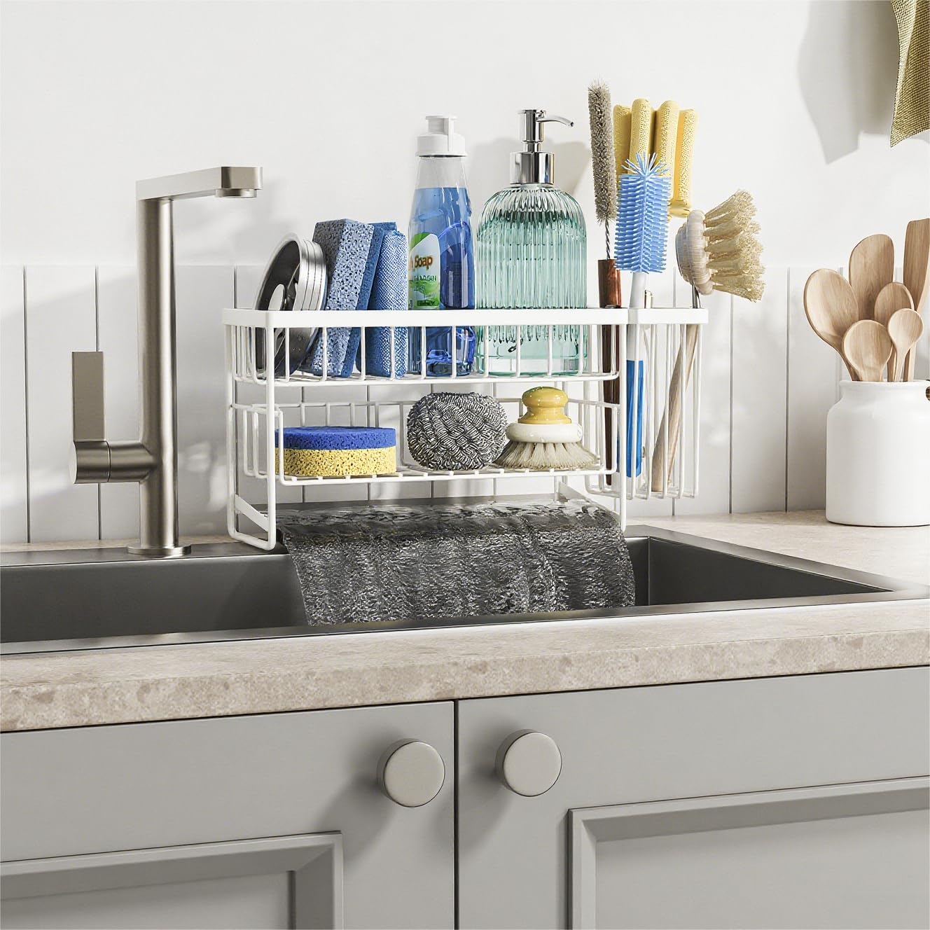 White 2-Tier Kitchen Sink Caddy Organzier Rack with Flexible Dish Brush Holder, Sponge Holder for Kitchen Sink Countertop Organization Storage,Home Decor Accessories