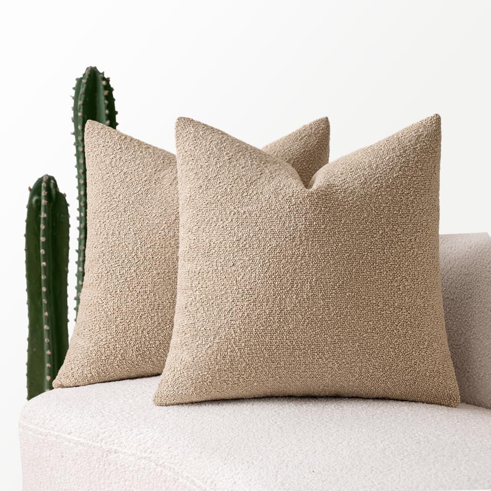 18X18 Inch Decorative Pillow Covers for Couch Bed Set of 2 Textured Boucle Neutral Throw Pillows Khaki Accent Solid Cushion Pillowcase Cozy Soft Sofa Livingroom Home Decor