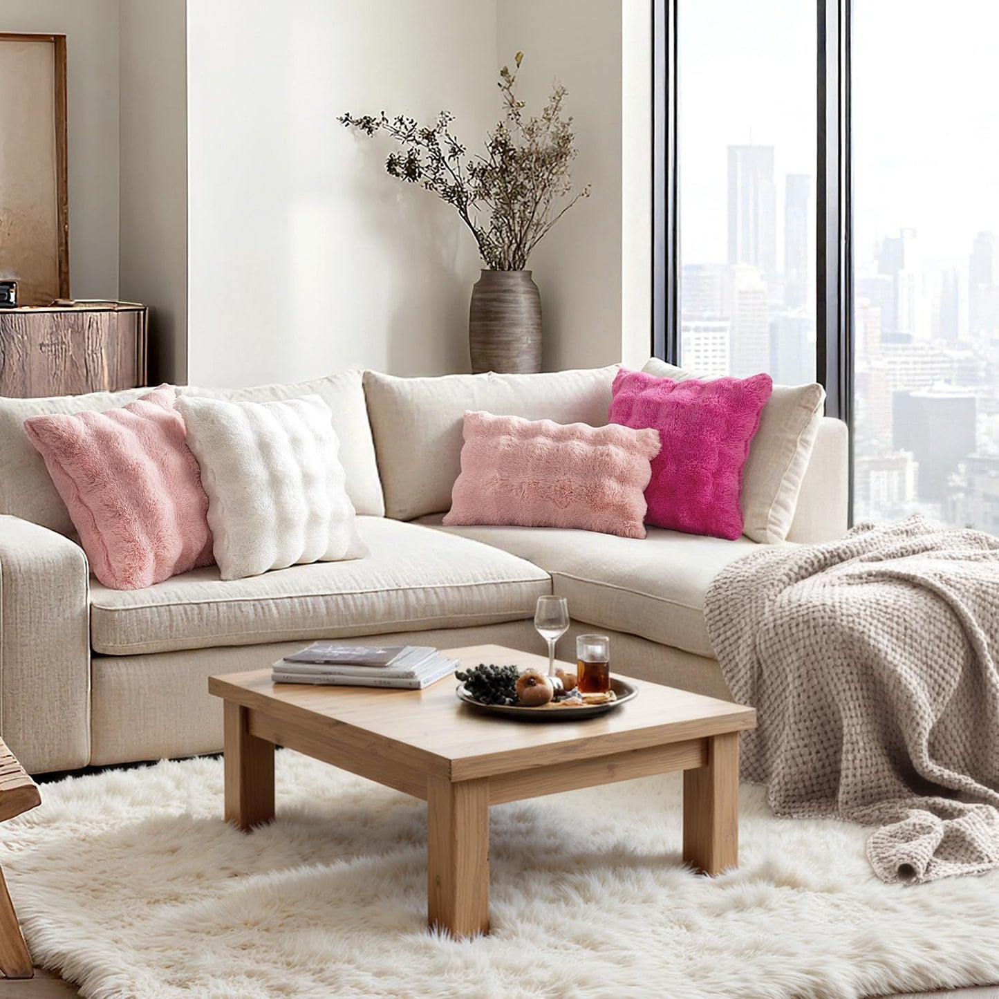 Pack of 2 Decorative Pillow Covers Thick Soft Plush Faux Fur Throw Pillows Luxury Home Decor for Couch Bedroom Living Room Sofa,20X20 Inch Hot Pink