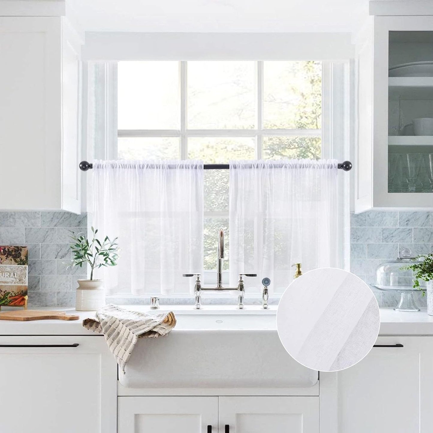 Linen Textured Sheer Curtain Valance Farmhouse Rod Pocket Drapes for Bathroom Cafe Small Window 1 Panel 60 W X 18 L Bundle with Sheer Kitchen Curtains 24 Inches Length 2 Panels, 29 X 24, White