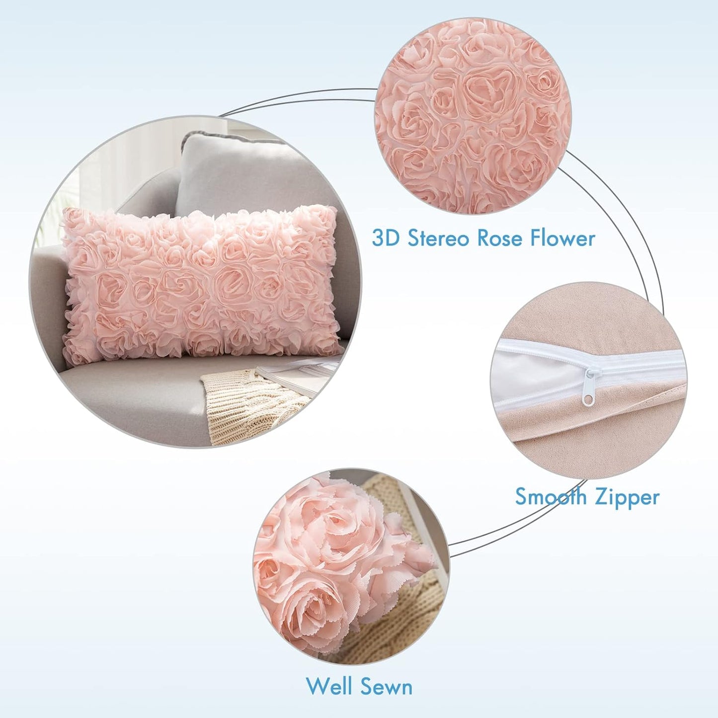 Spring Romantic Stereo Chiffon Rose Flower Pillow Cover with New Pillow Inserts 12X20