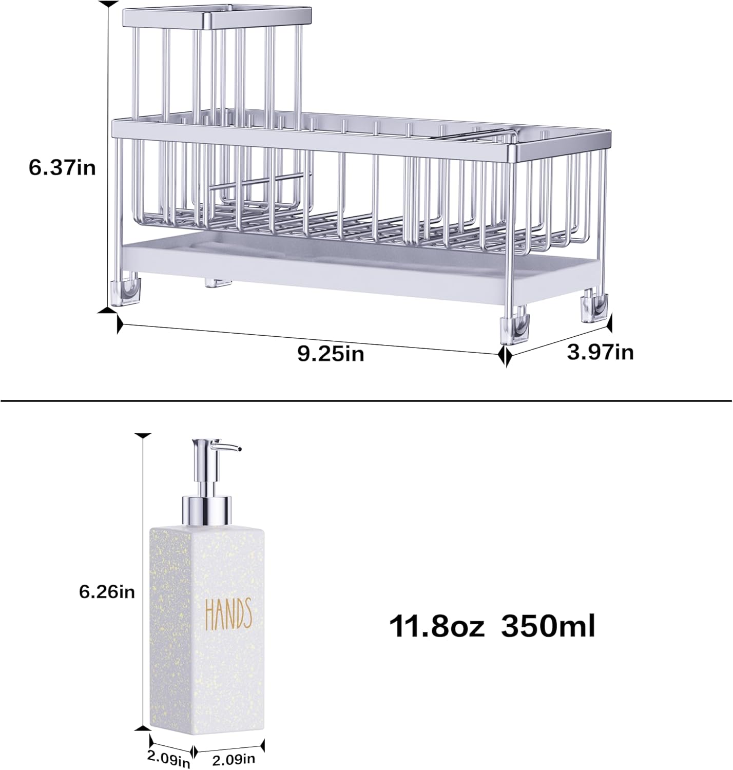 Dish Soap Dispenser, 12 Fl Oz Kitchen Soap Dispensers with Sponge Holder, Stainless Steel Pump Glass Kitchen Soap Dispenser Set, Hand and Dish Soap Bottle Set, Kitchen Decor Accessories
