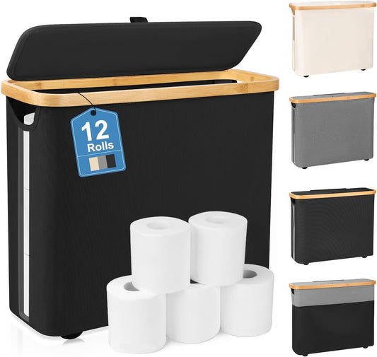 Toilet Paper Storage Basket, Toilet Paper Container with Lid, Bathroom Organizer Hold up to 9 Mega Rolls or 12 Regular Rolls, Black