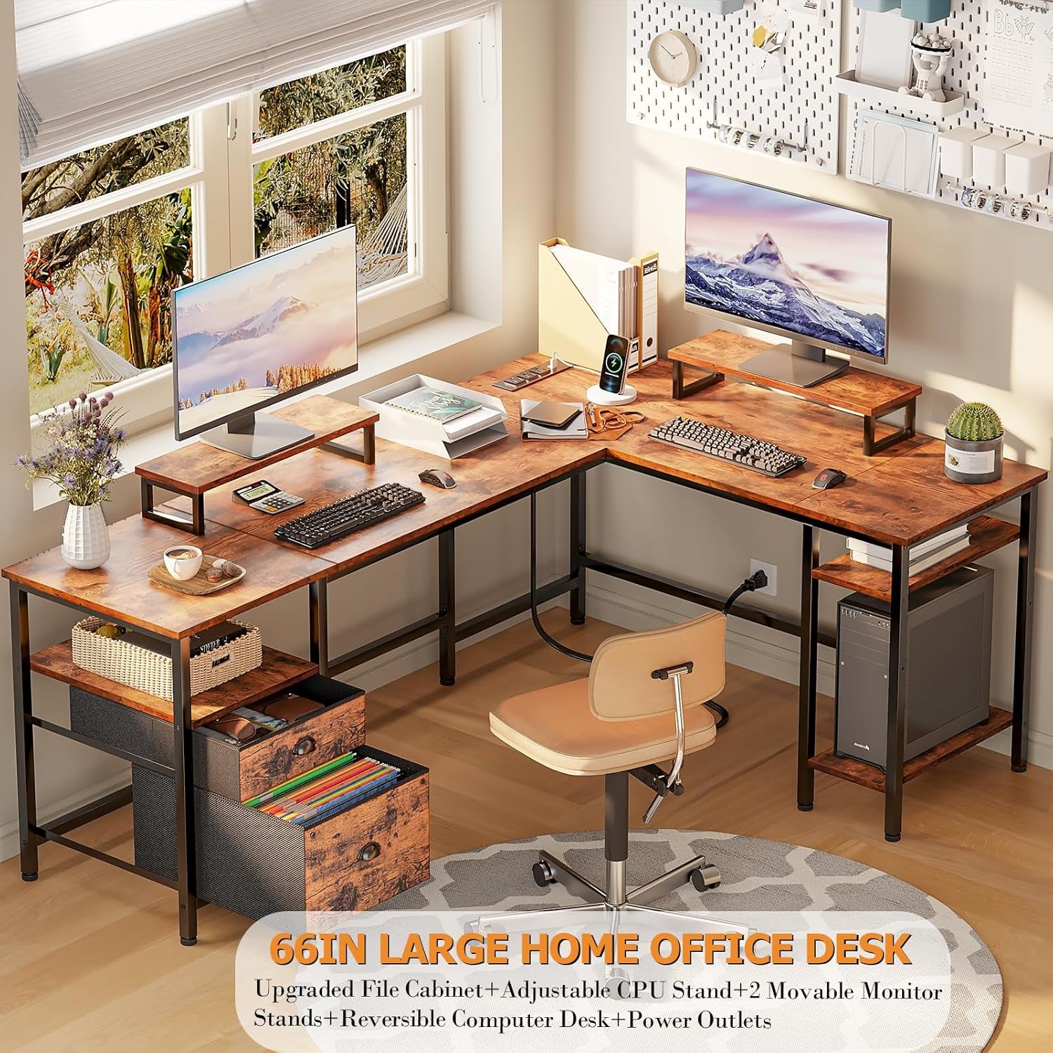 66” L Shaped Desk with Power Outlet, Reversible Computer Gaming Desk with File Drawer & 2 Monitor Stands for Home Office with Storage Shelves, Rustic Brown