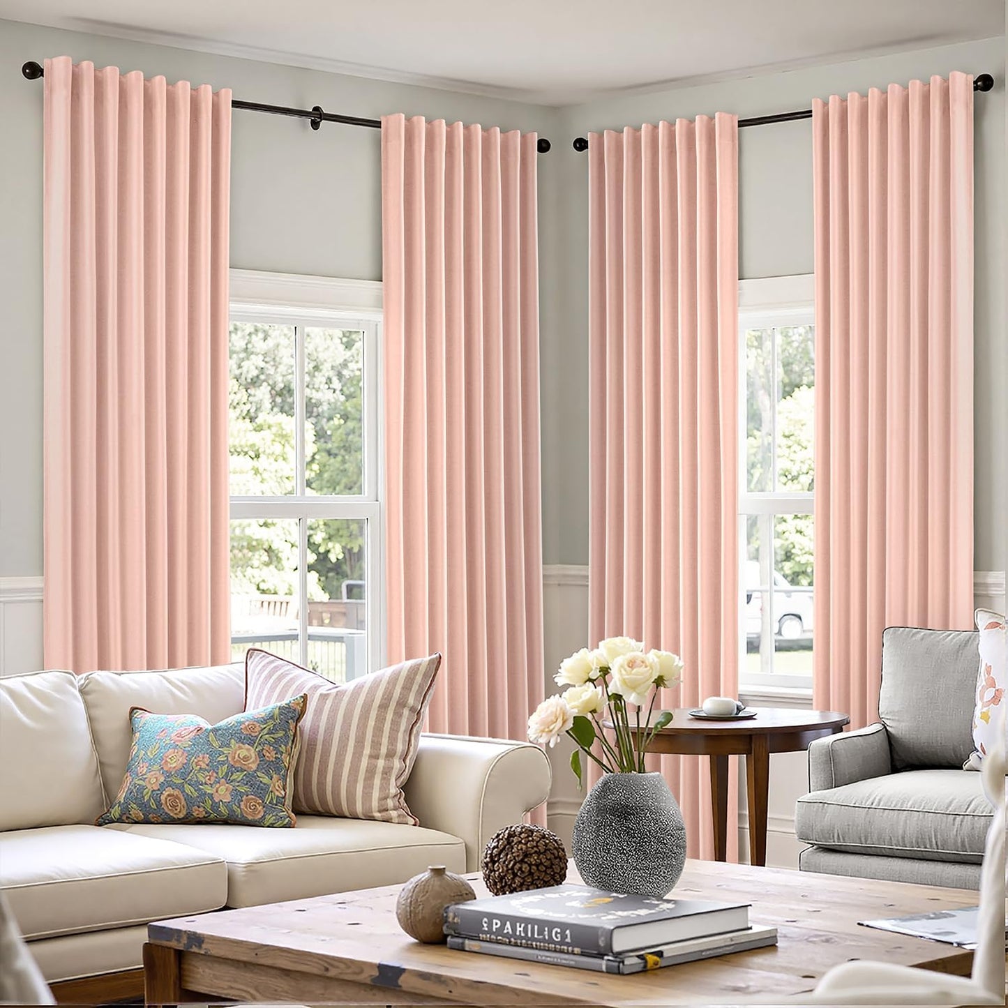 Pink Faux Linen Blackout Curtain 84 Inch Long 2 Panels Set Rod Pocket/Back Tab/Pinch Pleated Room Darkening Textured Black Out Track Drapes for Bedroom Living Room