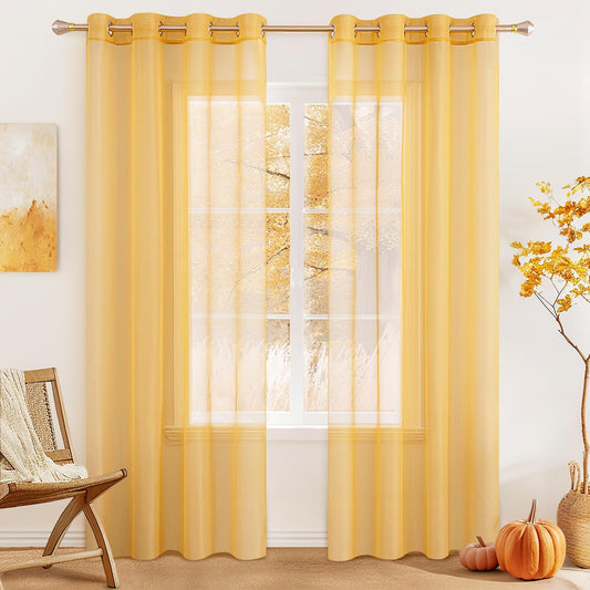 2 Panels Solid Color Sheer Curtains 84 Inch Length Set Fall Elegant Grommet Light Filtering Window Voile Panels/Drapes/Treatment for Bedroom Living Room W54 X L84 Inch, Gold
