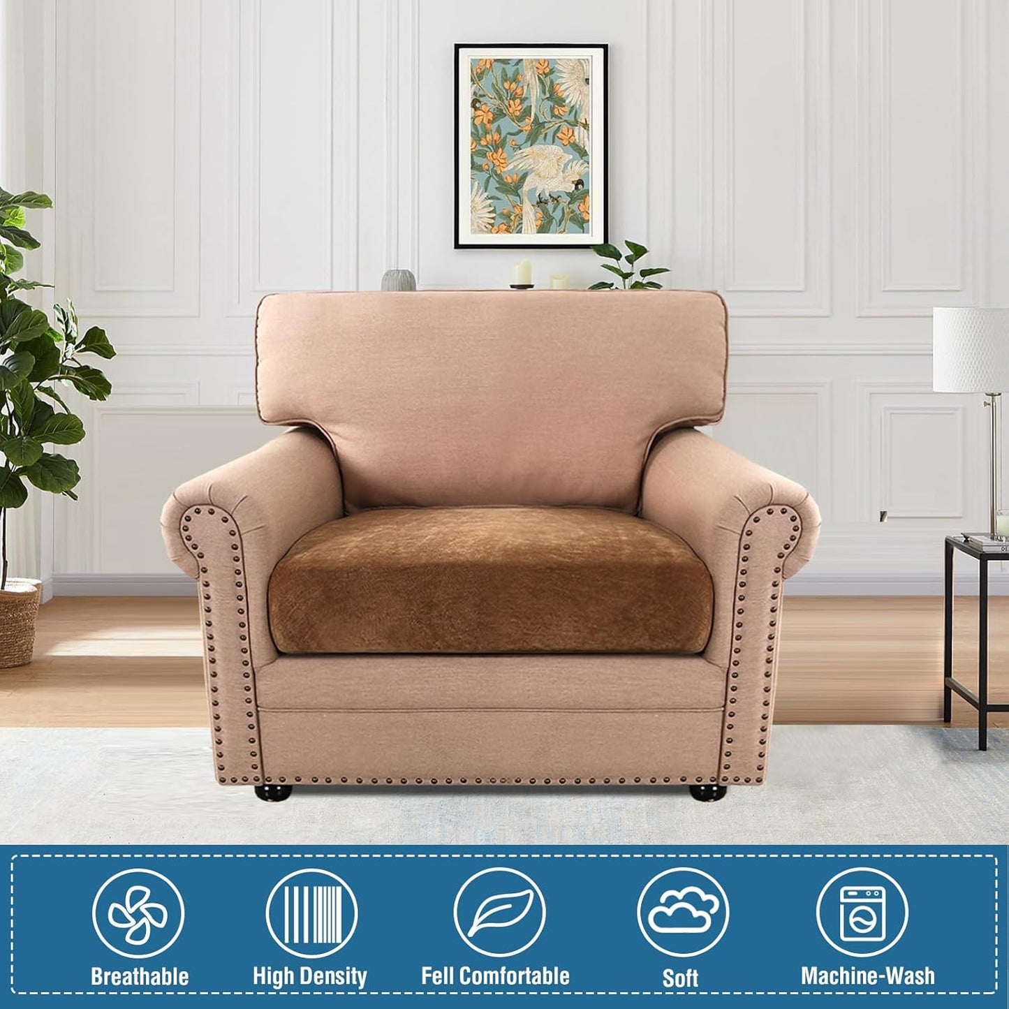 Stretch Chenille Cushion Covers Thick Soft Chair Covers anti Slip Armchair Covers Slipcover with Elastic Bottom for Pets, Kid(1 Seater Armchair Cushion Cover,Caramel)