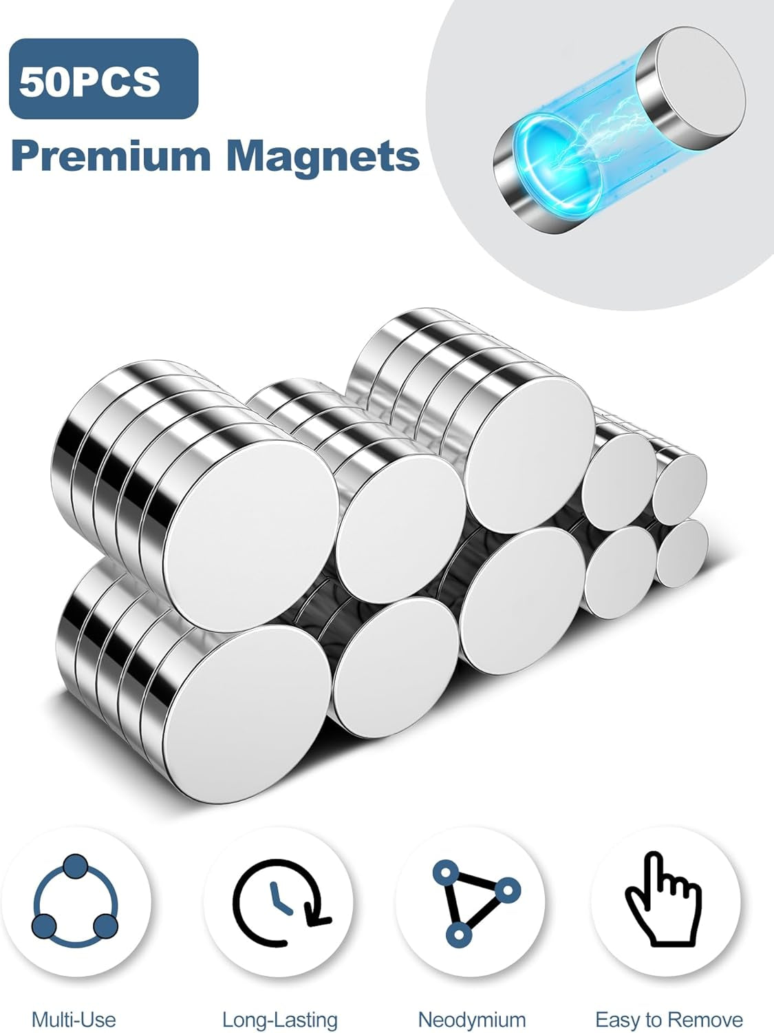 50 Pcs Rare Earth Magnets, 5-Size Small round Fridge Magnets, Multi-Use Premium Office Magnet for Fridge, Office, Whiteboard, Crafts, DIY Hobbies, Kitchen, Science(Silver)