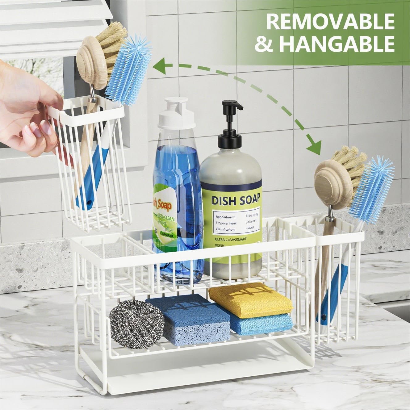 White 2-Tier Kitchen Sink Caddy Organzier Rack with Flexible Dish Brush Holder, Sponge Holder for Kitchen Sink Countertop Organization Storage,Home Decor Accessories