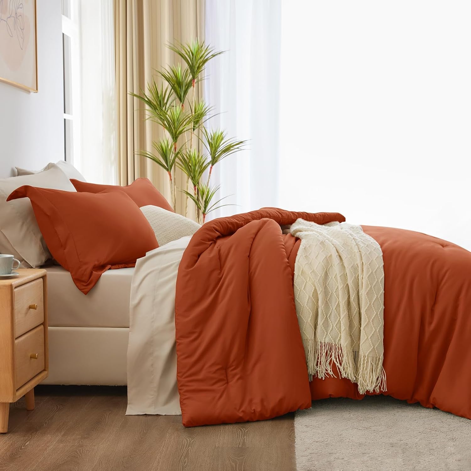 King Size Comforter Set Burnt Orange and Beige, 7 Pieces King Bedding Set Contrasting Design with Comforter, Flat Sheets, Fitted Sheet, Pillowcases & Shams, Bed in a Bag for All Season