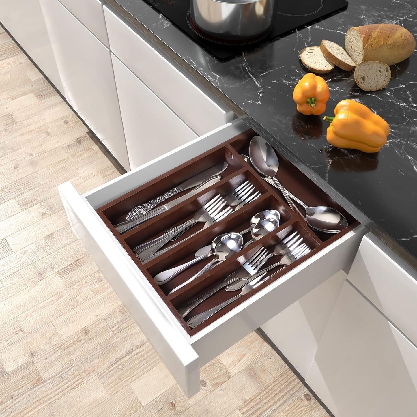 Silverware Organizer, Bamboo Utensil Drawer Organizer for Cutlery, Utensils & Flatware (5 Compartment, Brown) Pack of 1
