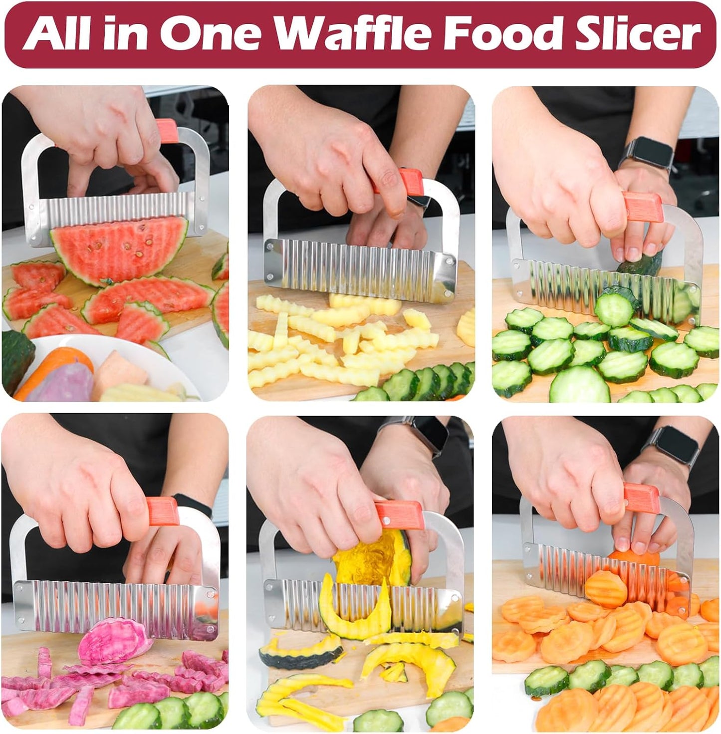 Extra-Large Crinkle Cutter Wave Potato Slicer – Stainless Steel French Fry Cutter for Restaurants, Waffle Slicing Tool, Crinkle Chopping for Potatoes, Kitchen Veggie Cucumber Slicer with Handle