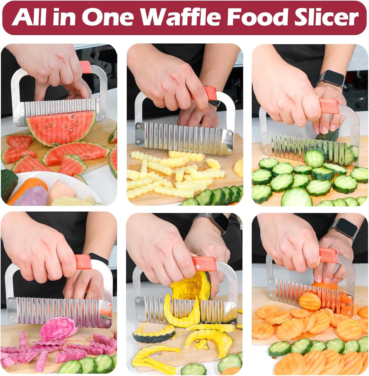 Extra-Large Crinkle Cutter Wave Potato Slicer – Stainless Steel French Fry Cutter for Restaurants, Waffle Slicing Tool, Crinkle Chopping for Potatoes, Kitchen Veggie Cucumber Slicer with Handle