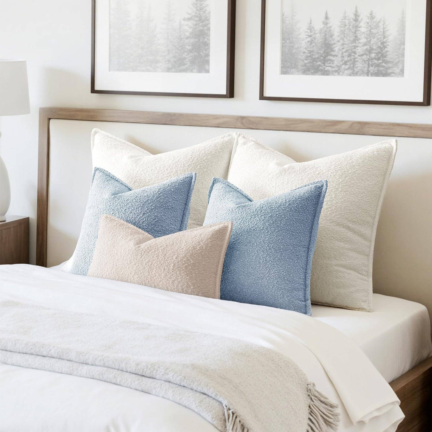 Pack of 2 Decorative Textured Boucle Throw Pillow Covers 18X18 Inch Light Blue Broadside Thick Coastal Boho Pillows for Farmhouse Accents Sofa Couch Bedroom Living Room Home Decor