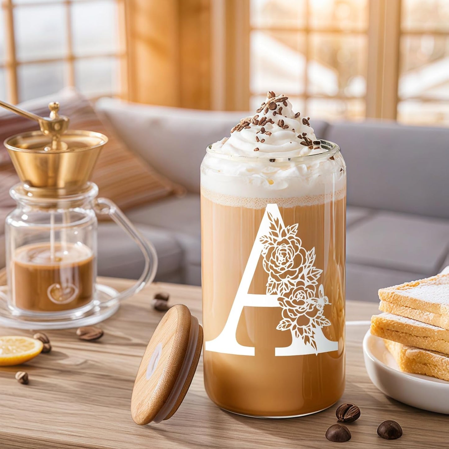 Gifts for Holidays,Birthday Gifts for Women,Personalized Initial Glass Cup as Iced Coffee Cups,Aesthetic Smoothie Cup Cute Beer Tumbler,16 Oz Glass Cups with Lids and Straws-A(1Psc)